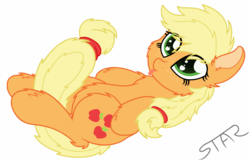 Size: 6869x4419 | Tagged: safe, artist:starstridepony, applejack, earth pony, pony, g4, absurd resolution, cheek fluff, chest fluff, cute, ear fluff, fluffy, jackabetes, leg fluff, legitimately amazing mspaint, lying down, messy mane, mlem, ms paint, on back, silly, simple background, tail between legs, tongue out, white background