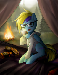 Size: 940x1200 | Tagged: safe, artist:skyeypony, oc, oc only, pegasus, pony, alcohol, campfire, coffee, female, glasses, looking at you, mare, tent