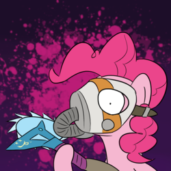 Size: 1280x1280 | Tagged: safe, artist:phat_guy, derpibooru exclusive, pinkie pie, earth pony, pony, g4, angry, borderlands, borderlands 2, bust, buzz axe, buzzsaw, circular saw, crazy face, crossover, faic, female, gas mask, hoof hold, insanity, krieg, looking at you, maniac, mare, mask, melee, melee weapon, portrait, raised leg, sawblade, smiley, solo, weapon, wide eyes