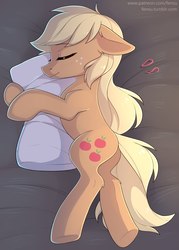 Size: 1545x2160 | Tagged: safe, artist:fensu-san, applejack, earth pony, pony, g4, bed, cute, eyes closed, female, freckles, hatless, hug, jackabetes, loose hair, mare, missing accessory, pillow, pillow hug, sleeping, smiling, solo