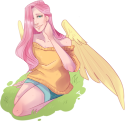 Size: 875x845 | Tagged: safe, artist:inspectorvalvert, fluttershy, human, g4, bare shoulders, clothes, denim shorts, female, hair over one eye, humanized, kneeling, off shoulder, off shoulder sweater, simple background, smiling, solo, sweater, sweatershy, transparent background, winged humanization, wings