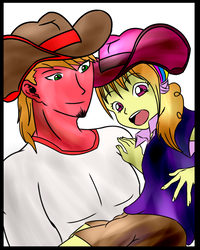 Size: 995x1246 | Tagged: safe, artist:foxgearstudios, big macintosh, oc, equestria girls, g4, beard, carrying, clothes, cowboy hat, duo, facial hair, father and daughter, female, goatee, hat, male, offspring, parent:adagio dazzle, parent:big macintosh, parents:adagintosh, simple background, smiling, white background