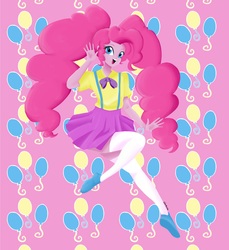 Size: 2448x2672 | Tagged: safe, artist:eiranosaur, pinkie pie, equestria girls, g4, alternate hairstyle, clothes, cute, female, high res, looking at you, pigtails, shoes, skirt, smiling, solo, stockings, suspenders, thigh highs, twintails