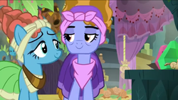 Size: 1136x640 | Tagged: safe, screencap, lilac meadow, meadowbrook, chipmunk, a health of information, g4, duo, female, lidded eyes, like mother like daughter, like parent like child, mare, mother and daughter, proud, smiling