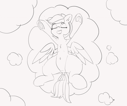 Size: 1280x1064 | Tagged: safe, artist:pabbley, rainbow dash, pegasus, pony, g4, 30 minute art challenge, armpits, belly button, chest fluff, cloud, dock, eyes closed, frog (hoof), from above, lineart, on back, open mouth, pubic mound, sleeping, spread legs, spreading, underhoof