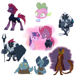 Size: 1800x1800 | Tagged: safe, artist:kkmrarar, capper dapperpaws, louise, mori, spike, tempest shadow, twilight sparkle, abyssinian, cat, dragon, fishman, frilled lizard, pony, unicorn, anthro, digitigrade anthro, g4, my little pony: the movie, anthro with ponies, bedroom eyes, bident, chest fluff, crying, heart eyes, horn, lidded eyes, lizard vendor, male, seductive, seductive look, sexy, simple background, sparking horn, storm guard, stupid sexy capper, stupid sexy tempest shadow, stupid sexy twilight, twilight sparkle (alicorn), white background, wingding eyes