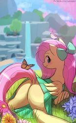 Size: 755x1219 | Tagged: safe, artist:lumineko, fluttershy, bird, butterfly, pegasus, pony, :t, adorasexy, blushing, bow, butt, clothes, colored pupils, cute, dock, dress, female, flower, flutterbutt, grass, hair bow, looking at you, looking back, looking back at you, mare, nature, plot, prone, raised tail, sexy, shyabetes, skirt, skirt lift, smiling, solo, sploot, tail, tail upskirt, waterfall