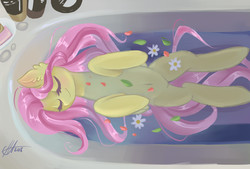 Size: 3400x2300 | Tagged: safe, artist:xjenn9, fluttershy, pegasus, pony, g4, bath, bathtub, cute, eyes closed, female, high res, mare, relaxing, shyabetes, smiling, solo, water