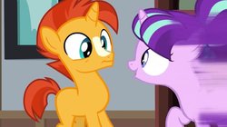 Size: 750x421 | Tagged: safe, screencap, starlight glimmer, sunburst, pony, unicorn, g4, uncommon bond, colt sunburst, female, filly, filly starlight glimmer, great moments in animation, motion blur, nyoom, pigtails, younger
