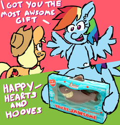 Size: 1350x1400 | Tagged: safe, artist:threetwotwo32232, applejack, rainbow dash, earth pony, pegasus, pony, shark, g4, chocolate, comic, dialogue, female, food, hearts and hooves day, lesbian, mare, misspelling, pun, ship:appledash, shipping