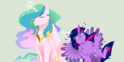 Size: 1148x572 | Tagged: safe, artist:gamblingfoxinahat, princess celestia, twilight sparkle, alicorn, pony, g4, my little pony: the movie, chest fluff, ear pull, female, glowing horn, green background, horn, magic, mare, pulling, simple background, twilight sparkle (alicorn), unamused