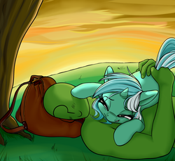 Size: 2000x1828 | Tagged: source needed, useless source url, safe, artist:coinpo, lyra heartstrings, oc, oc:anon, human, pony, unicorn, g4, backpack, butt grab, cuddling, cute, female, grope, hand on butt, human male, human on pony snuggling, male, mare, outdoors, smiling, snuggling, tree