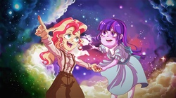 Size: 1280x718 | Tagged: safe, artist:norman5452, sunset shimmer, twilight sparkle, equestria girls, g4, clothes, female, lesbian, open mouth, ship:sunsetsparkle, shipping, smiling, the greatest showman