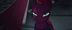 Size: 1920x804 | Tagged: safe, screencap, tempest shadow, pony, g4, my little pony: the movie, armor, broken horn, canterlot castle, cracked horn, eye scar, female, horn, lidded eyes, mare, mohawk, raised eyebrow, scar, solo, tempest shadow is not amused, unamused