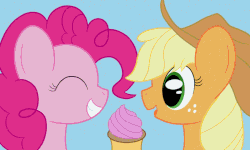 Size: 800x480 | Tagged: safe, artist:mtfc1029, applejack, fluttershy, pinkie pie, rainbow dash, rarity, twilight sparkle, pony, g4, animated, charity vance, cupcake, female, food, gif, happy, icing (song), mane six, smiling, song reference