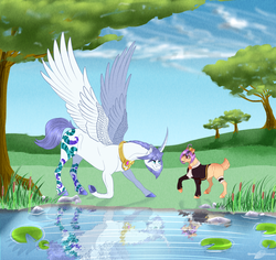 Size: 1120x1056 | Tagged: safe, artist:bijutsuyoukai, oc, oc only, oc:bella, oc:netori, alicorn, pony, lake, lilypad, reflection, tree, water