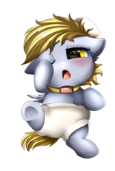 Size: 2008x2983 | Tagged: safe, artist:pridark, derpy hooves, pegasus, pony, g4, baby, baby pony, blushing, collar, commission, cute, derpabetes, diaper, eyes closed, female, filly, foal, high res, hnnng, looking at you, simple background, sleepy, transparent background, weapons-grade cute, yawn, younger
