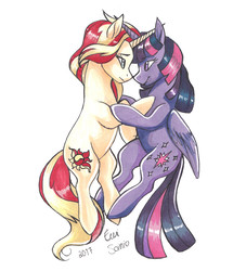 Size: 3000x3300 | Tagged: safe, artist:eeviart, sunset shimmer, twilight sparkle, alicorn, pony, unicorn, g4, crossed horns, female, high res, horn, horns are touching, lesbian, looking at each other, mare, ship:sunsetsparkle, shipping, simple background, traditional art, twilight sparkle (alicorn)