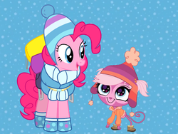 Size: 800x600 | Tagged: source needed, safe, pinkie pie, earth pony, monkey, pony, g4, boots, clothes, coat, hat, littlest pet shop, minka mark, shoes, winter, winter outfit