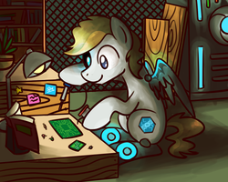 Size: 1280x1024 | Tagged: safe, artist:sugar morning, oc, oc only, oc:atom wing, cyborg, pegasus, pony, amputee, augmented, book, circuit board, commission, dark, generator, glowing, in the dark, lamp, male, plant, prosthetic limb, prosthetic wing, prosthetics, robotic, shelf, sitting, smiling, solder, soldering iron, solo, stallion, sticky notes, vase, wood planks, working