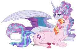 Size: 1400x885 | Tagged: safe, artist:bijutsuyoukai, princess flurry heart, toola roola, pony, g4, colored wings, commission, crack shipping, cuddling, female, lesbian, multicolored wings, older, pregnant, prone, ship:toolaheart, shipping, simple background, transparent background