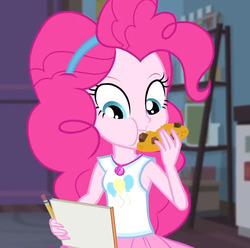 Size: 724x717 | Tagged: safe, screencap, pinkie pie, equestria girls, g4, my little pony equestria girls: better together, the finals countdown, cookie, cute, diapinkes, eating, female, food, geode of sugar bombs, magical geodes, solo