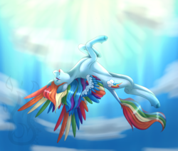 Size: 2048x1740 | Tagged: safe, artist:fireheartsk, rainbow dash, pegasus, pony, g4, backwards cutie mark, colored wings, eye scar, eyes closed, female, flying, mare, multicolored wings, open mouth, rainbow wings, scar, sky, solo, unshorn fetlocks, upside down