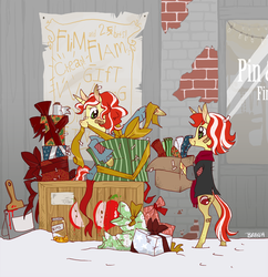 Size: 1327x1370 | Tagged: safe, artist:goatsocks, flam, flim, unicorn, semi-anthro, g4, apple, bandage, big eyes, bits, booth, bow, box, brick, brick wall, butt, cardboard box, cheap, christmas, city, clothes, cute, daaaaaaaaaaaw, dirty, duct tape, duo, duo male, flim flam brothers, food, footprint, gift wrapped, hearth's warming, heartwarming, holding, holiday, homeless, homemade, jacket, jar, looking at each other, male, mouth hold, outdoors, paint, paint can, paintbrush, patch, patchwork, plot, poor, present, ribbon, sale, scarf, selling, sign, smiling, snow, standing, sweater, tape, urban, vendor, vendor stall, winter, younger
