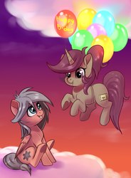 Size: 1586x2160 | Tagged: safe, artist:taneysha, oc, oc only, oc:gearsy septima, oc:lavrushka, pegasus, pony, balloon, cloud, female, mare, simple background, solo