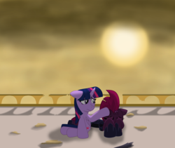 Size: 4036x3400 | Tagged: safe, artist:ejlightning007arts, tempest shadow, twilight sparkle, alicorn, pony, g4, my little pony: the movie, balcony, comforting, female, prone, remorse, sad, twilight sparkle (alicorn)