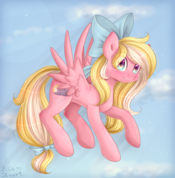 Size: 996x1012 | Tagged: safe, artist:pony-ellie-stuart, oc, oc only, oc:bay breeze, pegasus, pony, blushing, bow, cute, female, flying, hair bow, happy, looking at you, mare, sky, solo, tail bow