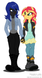 Size: 800x1471 | Tagged: safe, artist:niban-destikim, sunset shimmer, oc, oc:midnight storm, fanfic:the witching hour, equestria girls, g4, canon x oc, clothes, commission, dating, equestria girls-ified, female, holding hands, jacket, lesbian, looking at each other, shipping, shirt, simple background, smiling, transparent background, walking