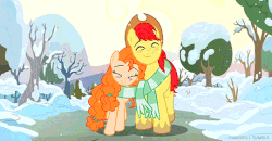 Size: 540x280 | Tagged: safe, screencap, bright mac, pear butter, g4, the perfect pear, animated, clothes, female, male, scarf, shared clothing, shared scarf, ship:brightbutter, shipping, snow, snowfall, straight, tree, walking, winter, you're in my head like a catchy song