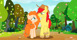 Size: 540x280 | Tagged: safe, screencap, bright mac, pear butter, g4, the perfect pear, animated, apple tree, blushing, female, looking at each other, male, pear tree, ship:brightbutter, shipping, straight, tree, walking, you're in my head like a catchy song