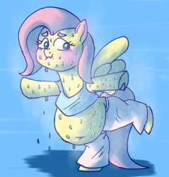Size: 1969x2063 | Tagged: safe, artist:tuta suke, fluttershy, pony, g4, balancing, belly, belly button, blushing, clothes, excessive sweat, fat, fattershy, female, solo, sweat, sweater, sweatershy