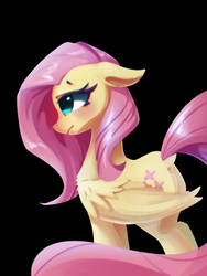Size: 600x800 | Tagged: safe, artist:l8lhh8086, fluttershy, pegasus, pony, g4, blushing, dock, female, floppy ears, looking away, mare, melancholy, sad, simple background, solo, wings