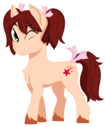 Size: 1000x1206 | Tagged: safe, artist:dbkit, oc, oc:pace, earth pony, pony, bow, commission, female, mare, one eye closed, ribbon, simple background, solo, tail bow, transparent background, unshorn fetlocks, wink