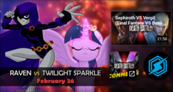 Size: 793x423 | Tagged: safe, twilight sparkle, alicorn, pony, g4, crossover, death battle, death battle!: raven vs twilight sparkle, exploitable meme, meme, raven (dc comics), screw attack, teen titans, twilight sparkle (alicorn)