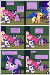 Size: 3254x4837 | Tagged: safe, artist:gutovi, applejack, fluttershy, pinkie pie, princess luna, rainbow dash, rarity, twilight sparkle, alicorn, earth pony, pegasus, pony, unicorn, comic:why me!?, g4, bed, blushing, broken window, comic, crying, drool, glass, lasso, mane six, mare in the moon, moon, rope, twilight sparkle (alicorn)