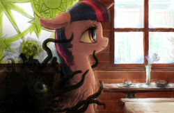 Size: 2073x1348 | Tagged: safe, artist:plotcore, twilight sparkle, alicorn, pony, g4, behind you, crossover, darkness, female, flower, hermaeus mora, horn, mare, monster, sad, table, the elder scrolls, twilight sparkle (alicorn), vase, video game, video game crossover, window, wings