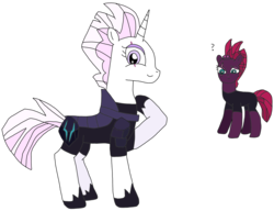 Size: 2322x1787 | Tagged: safe, artist:supahdonarudo, fleur-de-lis, tempest shadow, pony, unicorn, series:fleurbuary, g4, my little pony: the movie, alternate hairstyle, clothes, confused, cosplay, costume, mohawk, question mark, simple background, transparent background