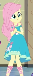 Size: 930x2100 | Tagged: safe, screencap, fluttershy, equestria girls, fluttershy's butterflies, g4, my little pony equestria girls: better together, clothes, cropped, cute, dress, female, geode of fauna, magical geodes, nervous, shyabetes, solo