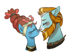 Size: 600x439 | Tagged: safe, artist:pandemiamichi, meadowbrook, rockhoof, earth pony, pony, g4, blushing, boop, bust, cute, eyes closed, female, male, mare, noseboop, nuzzling, portrait, ship:rockbrook, shipping, simple background, smiling, stallion, straight, white background