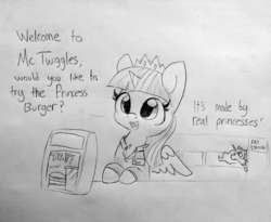 Size: 1753x1440 | Tagged: safe, artist:tjpones, princess celestia, twilight sparkle, alicorn, pony, g4, burger, chest fluff, clothes, crown, cute, dialogue, duo, fast food, female, food, grayscale, horn, jewelry, lineart, mare, monochrome, name tag, offscreen character, princess, regalia, restaurant, text, traditional art, twiabetes, twilight sparkle (alicorn), wings