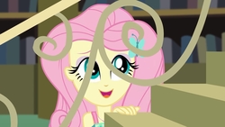 Size: 1920x1080 | Tagged: safe, screencap, fluttershy, equestria girls, equestria girls series, fluttershy's butterflies, g4, clothes, cute, dress, female, open mouth, shyabetes, smiling, solo, talking