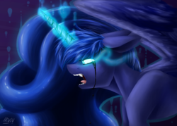 Size: 3500x2500 | Tagged: safe, artist:lrusu, princess luna, alicorn, pony, g4, bleeding, blood, fangs, female, glowing eyes, glowing horn, high res, horn, magic, mare, princess, royalty, solo, sombra eyes, wings
