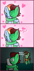 Size: 595x1225 | Tagged: safe, artist:techreel, rainbow dash, oc, oc:frost d. tart, oc:northern haste, alicorn, pony, g4, alicorn oc, canon x oc, caught, commission, forever alone, heart, holiday, hug, imagination, northash, pillow, valentine's day, ych result