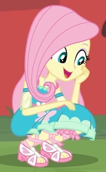 Size: 1295x2100 | Tagged: safe, screencap, fluttershy, equestria girls, equestria girls series, fluttershy's butterflies, g4, cute, feet, female, fluttershy's butterflies: applejack, open mouth, open smile, sandals, shyabetes, smiling, solo, squatting