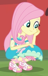 Size: 1321x2100 | Tagged: safe, screencap, fluttershy, equestria girls, fluttershy's butterflies, fluttershy's butterflies: applejack, g4, my little pony equestria girls: better together, cropped, cute, feet, female, sandals, shyabetes, smiling, solo, squatting