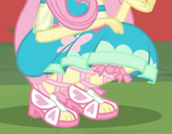 Size: 1431x1115 | Tagged: safe, screencap, fluttershy, equestria girls, fluttershy's butterflies, fluttershy's butterflies: applejack, g4, my little pony equestria girls: better together, cropped, feet, female, sandals, solo, squatting